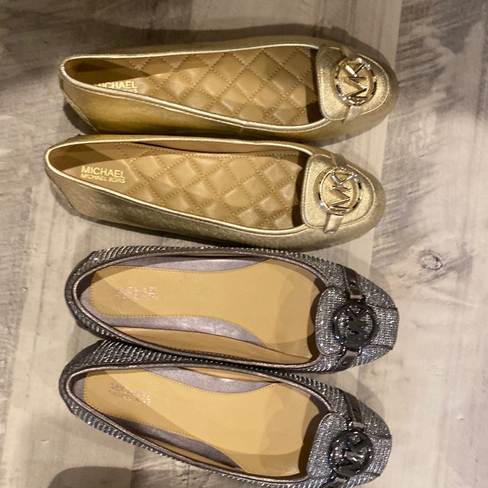 Two pairs of metallic Michael Kors flats